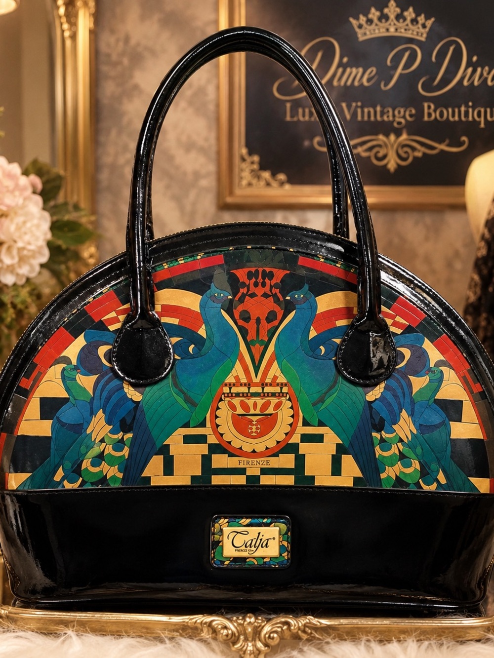 Peacock Dome Satchel in Black & Multicolor